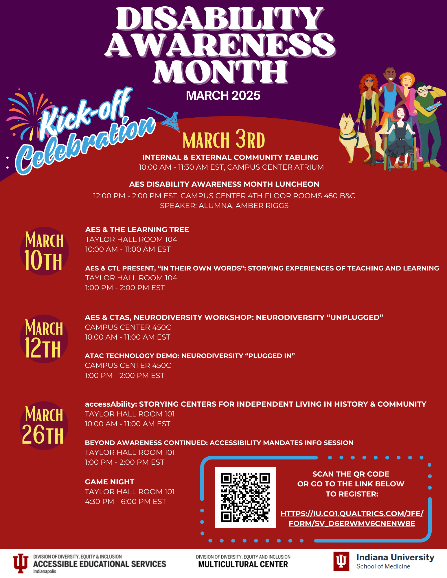 Red and Purple Disability Awareness Month flyer for March 2025, image of cartoon students with different visible disabilities, all events listed below in text